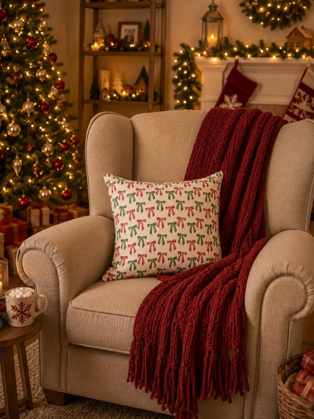 NWT - Indigo Green and Red Bow Pillows - Set of 2 - 20 X 20 inches